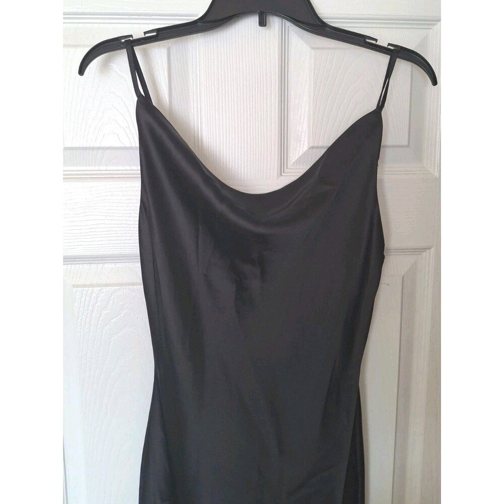 Womens Satin Midi Slip Dress Large Black Drape Neck Slit Whimsygoth Y2K bigHit - Picture 6 of 6
